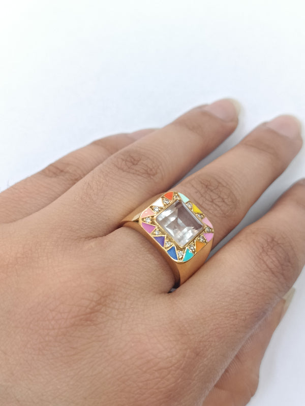 9 ct Chevalier Ring with Multi-Color Enamel & Pale Pink Stone – A Perfect Gift for Her