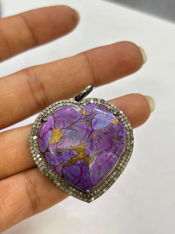 Handmade Pave Diamond Heart Pendant Necklace with Purple Copper Turquoise, 925 Sterling Silver Jewelry, Unique Gemstone Gift for Her