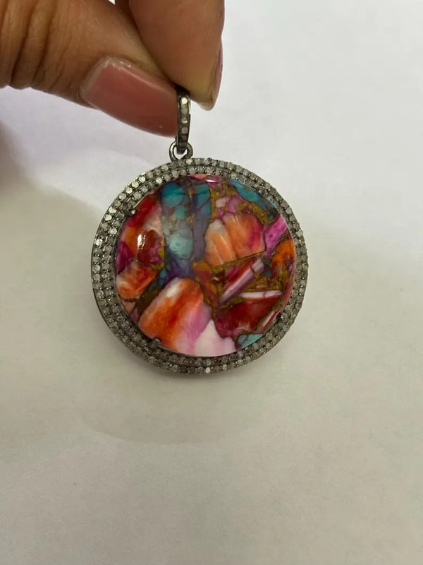 Handmade Pave Diamond Pendant Necklace with Pink Oyster Turquoise, 925 Sterling Silver Gemstone Jewelry, Unique Gift for Her