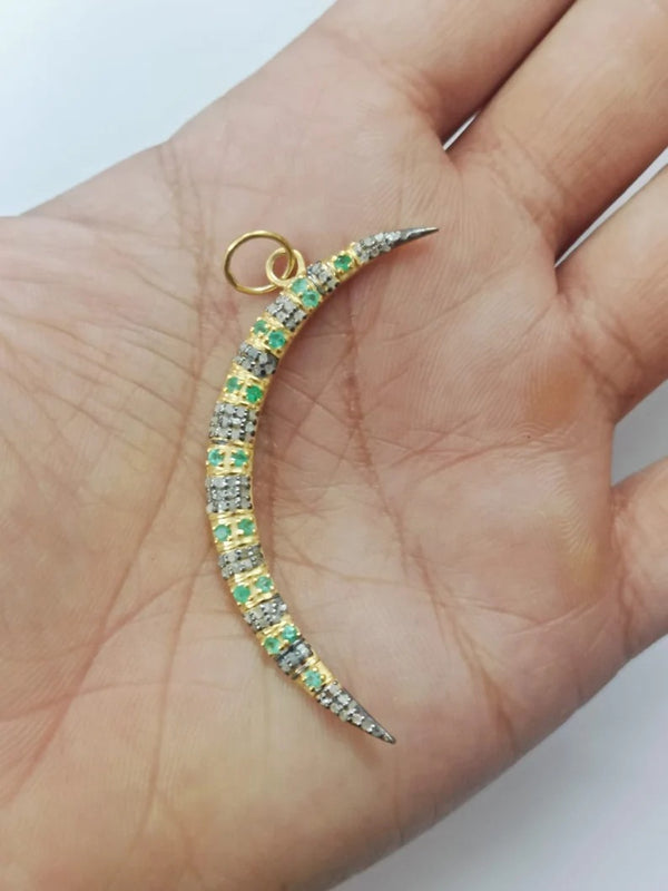 Pave Diamond Crescent Moon Pendant 925 Sterling Silver Celestial Jewelry Emerald Diamond Necklace