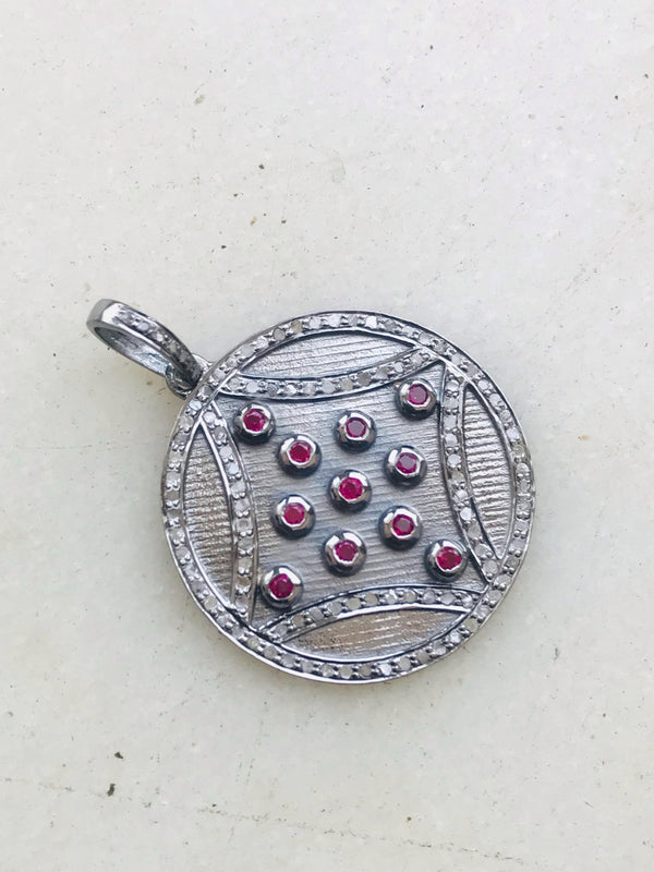 Diamond Ruby Designer Pendant/Pave Diamond Pendant/Round Disc Pendant/Diamond Jewelry/Necklace Pendant/Anniversary Wedding Gift For Her