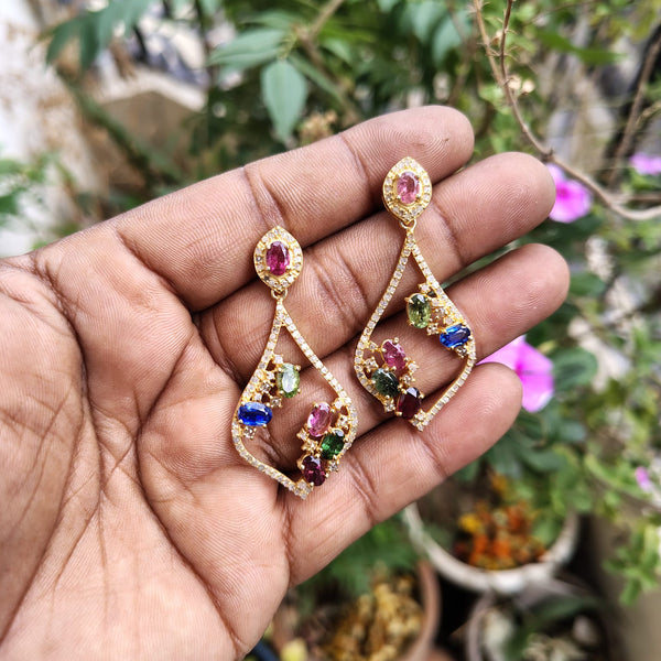 50x22mm Natural Sapphire Dangle Earrings – Pave Diamond Drop Earrings – Handmade 925 Sterling Silver Fine Jewelry Gift