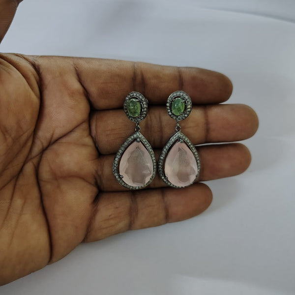 Green Tourmaline & Rose Quartz Dangle Earrings | 925 Sterling Silver Pave Diamond Earrings for Women | 40x18mm Gemstone Statement Jewelry