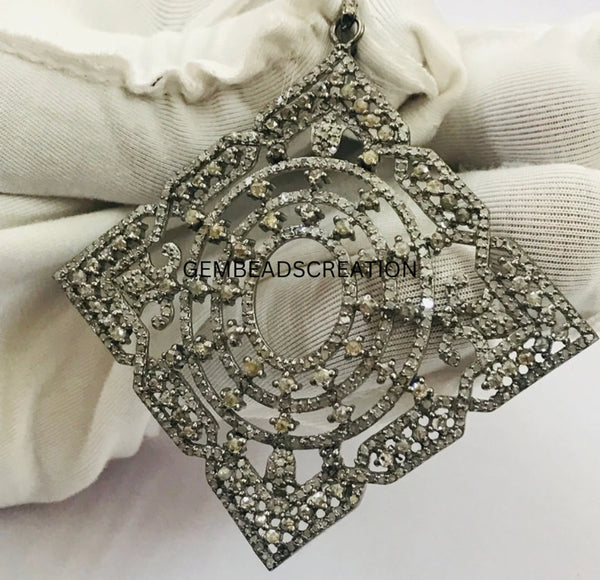 Antique Pave Diamond Pendant: Handmade Filigree 925 Silver Necklace (65x55mm)
