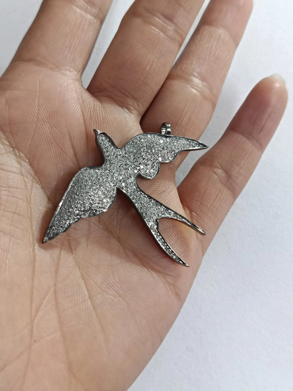 Diamond Swallow Pendant: Sterling Silver Flying Bird Necklace 58x45mm