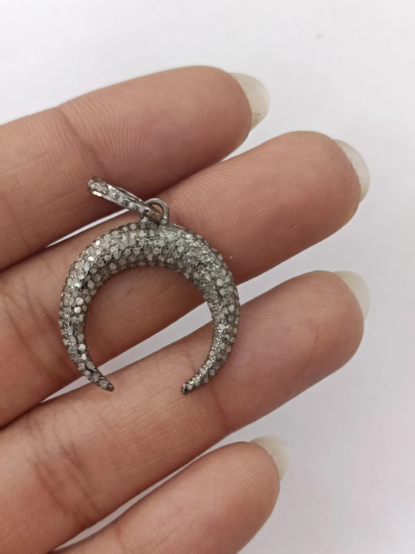 Pave Diamond Crescent Moon Pendant: Sterling Silver Vermeil, 25x23mm