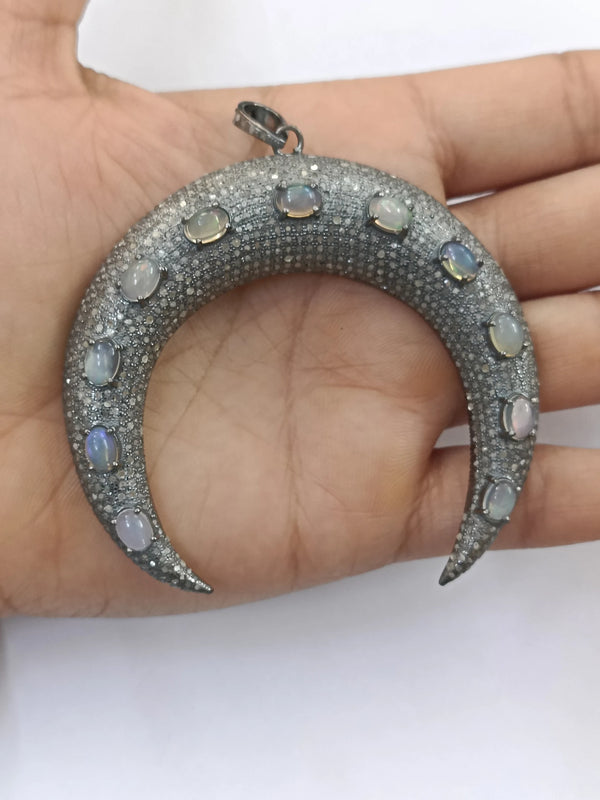 Pave Diamond Crescent Pendant with Ethiopian Opal: 925 Sterling Silver Horn Jewelry ( 70mm )