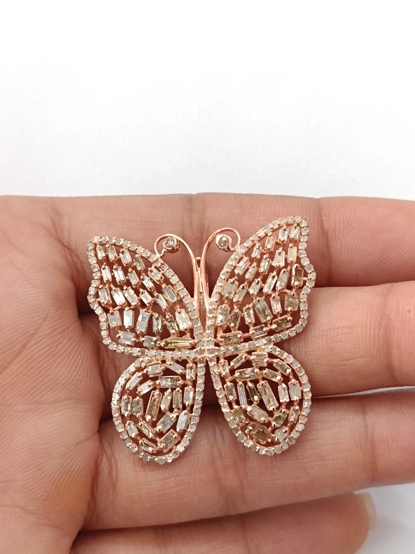 Handmade Baguette Diamond Butterfly Pendant: Solid 925 Silver Necklace 35mm