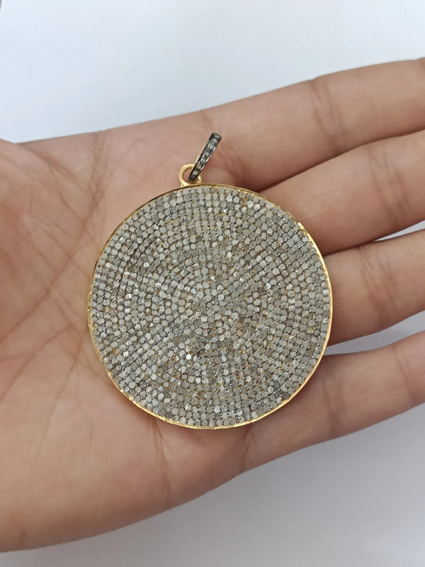 Handmade Sterling Silver Pave Diamond Disc Pendant Necklace 45mm