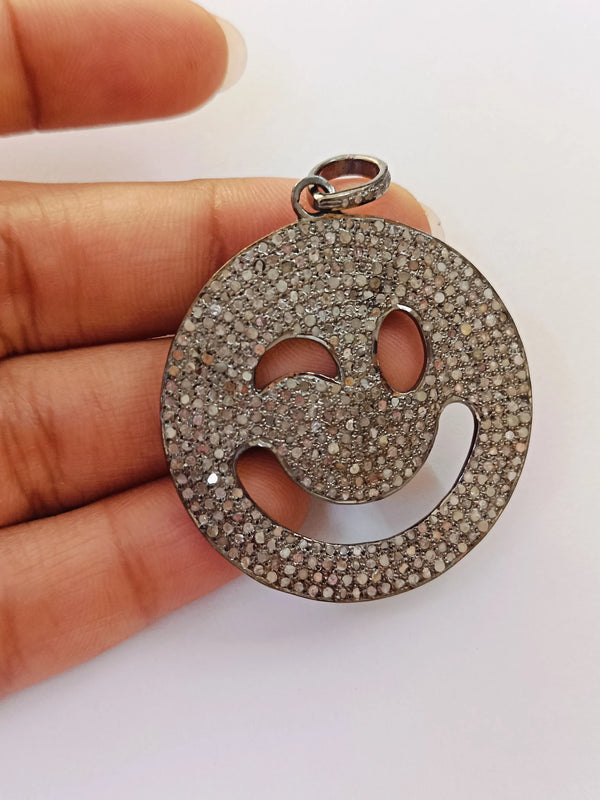 Pave Diamond Smiley Face Pendant: Sterling Silver Teasing Face Necklace