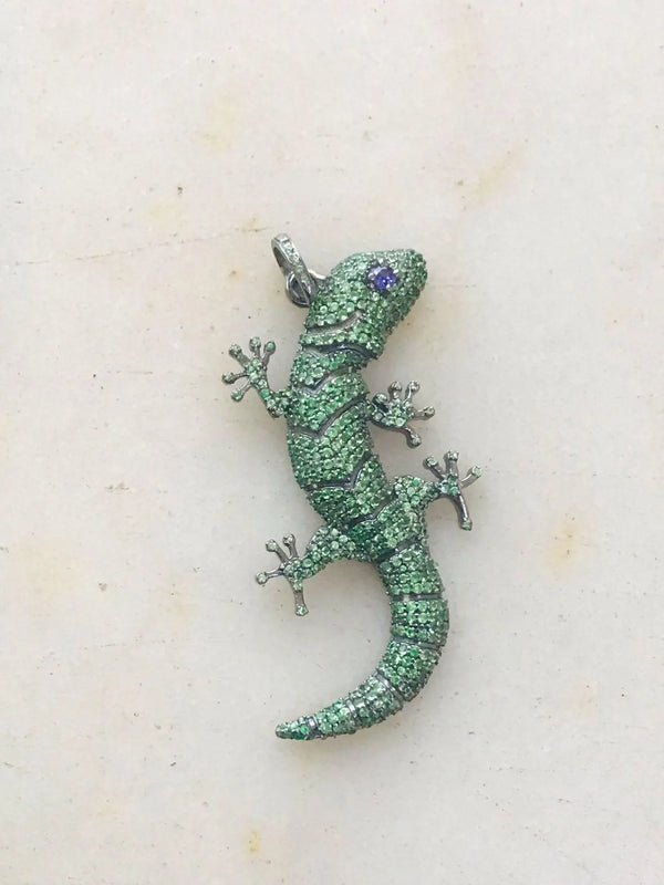 Tsavorite Gecko Pendant: Handmade 925 Sterling Silver Animal Jewelry 65x18mm