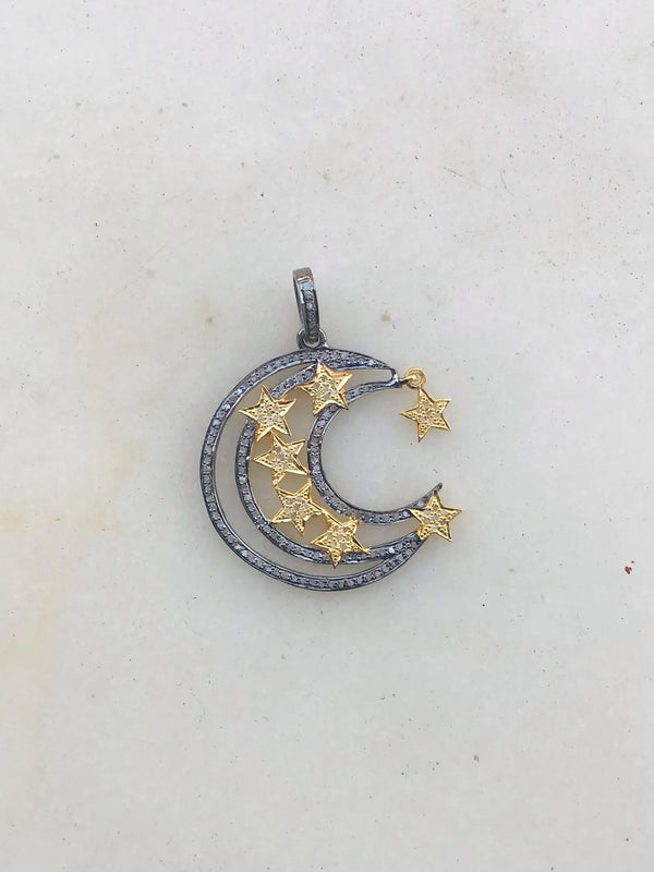 Sterling Silver Diamond Moon Star Pendant - Celestial Jewelry (34x15mm)