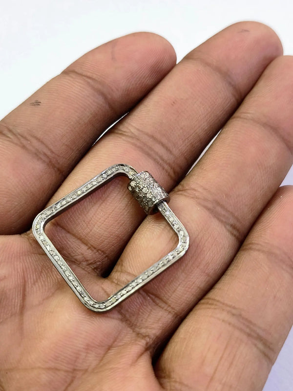 Pave Diamond Sterling Silver Carabiner Clasp: 25mm Square Screw Lock