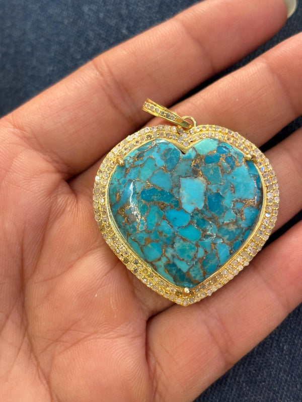 Turquoise & Pave Diamond Heart Pendant, Handmade 925 Sterling Silver Necklace, Gift for Her, Minimalist Jewelry, Boho Chic Necklace