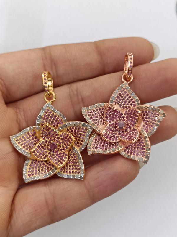 Beautiful Ruby Diamond Flower Pendant 925 Sterling Silver Pave Diamond Pendant Necklace Flower Necklace Handmade Fine Jewelry Gifts