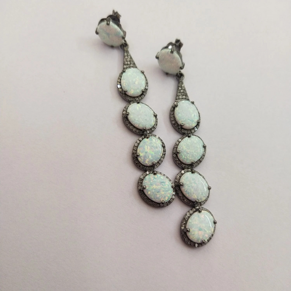 Opal Diamond Earring 925 Sterling Silver Pave Diamond Dangle Earring Gift For Her Handmade Fine Jewelry Wedding Anniversary