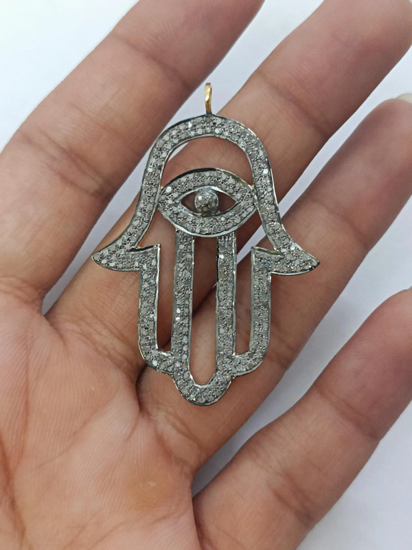 Handmade Pave Diamond Hamsa Charm Pendant | 44x29mm 925 Sterling Silver Hamsa Pendant | Diamond Jewelry Findings
