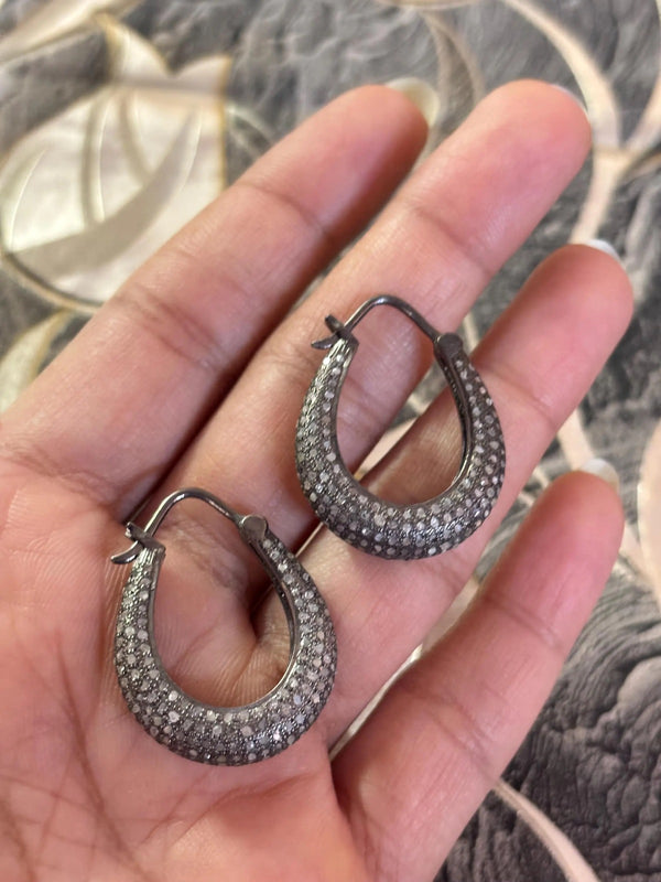 Pave Diamond Huggie Hoop Earrings – Oxidized 925 Silver Handmade Jewelry Gifts for Women