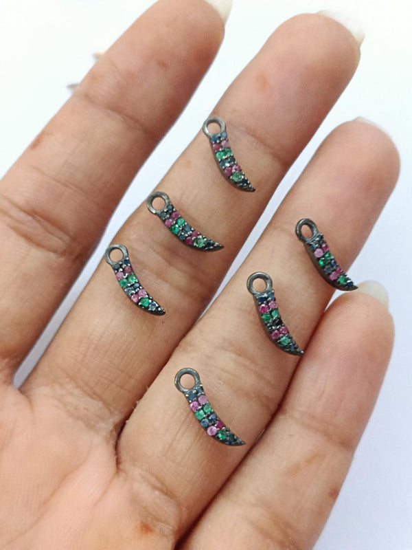 9x3mm Natural Ruby Emerald Sapphire Horn Charm Pendant 925 Sterling Silver Handmade Jewelry Findings