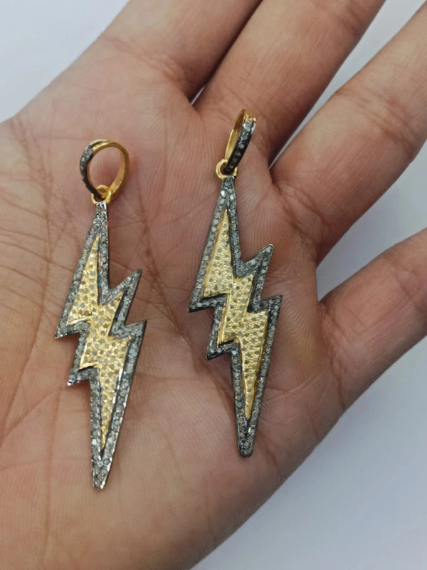 Pave Diamond Lightning Bolt Pendant – 925 Sterling Silver | Handmade 51x15mm Charm Necklace | Thunderbolt Jewelry Gift