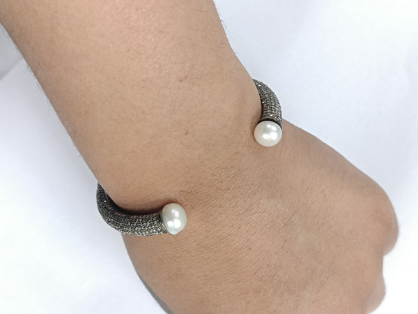Natural Diamond Cuff Bangle Bracelet Pearl Bracelet | 925 Sterling Silver | Fashion Jewelry | Anniversary Birthday Gifts | Handmade Bracelet