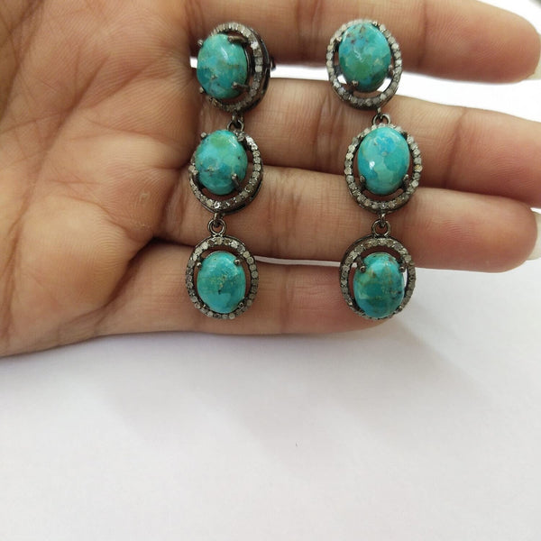 50x10mm Pave Diamond Turquoise Earrings | Gemstone Earrings | 925 Sterling Silver | Handmade Jewelry Gift for Her Wedding Anniversary Gifts