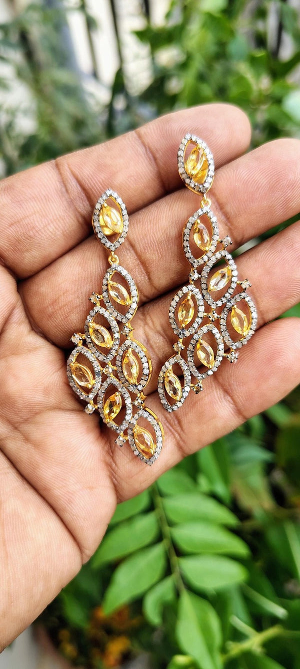 Natural Citrine Gemstone Dangle Earrings – Pavé Diamond Drop Earrings – Handmade 925 Sterling Silver Fine Jewelry Gift