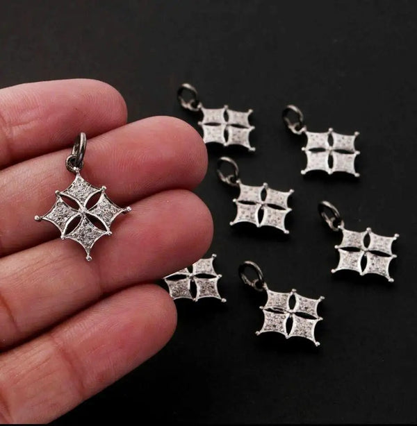 Pave Diamond Starburst Charm – 925 Sterling Silver Pendant – Dainty Sparkle Charm for Necklace & Bracelet – Handmade Fine Jewelry