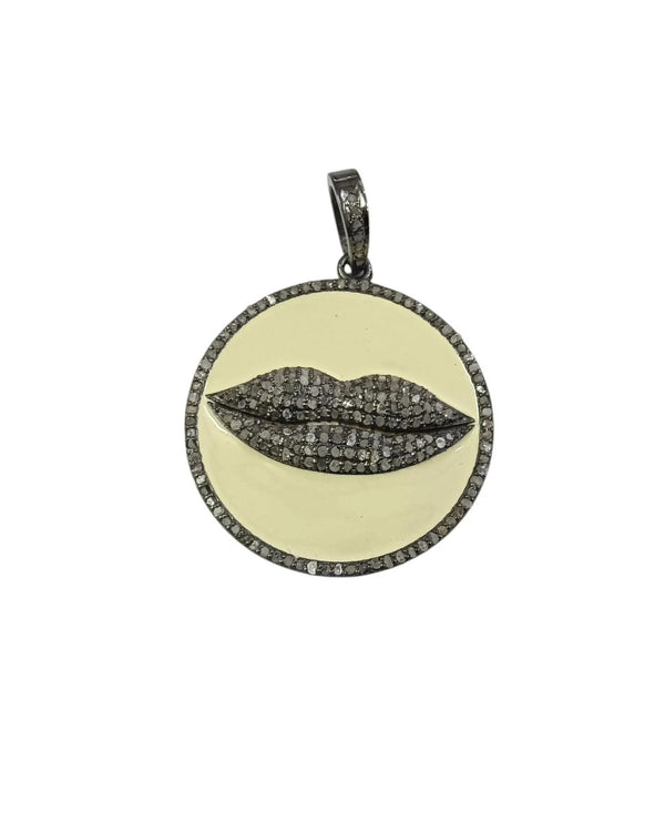 Pave Diamond Enamel Lips Pendant | 33x29mm Round Love Kiss Charm | 925 Sterling Silver Handmade Fine Jewelry | Statement Necklace Pendant