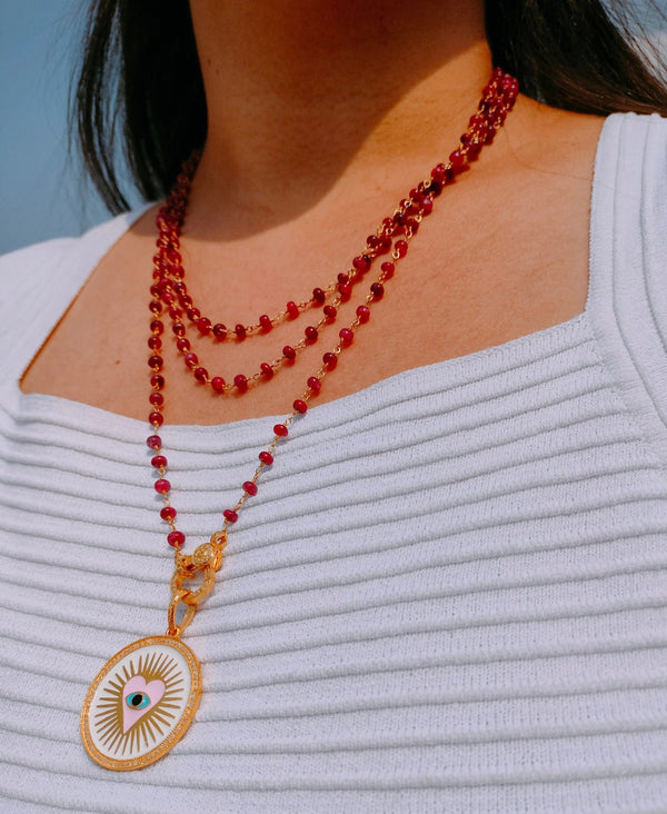 Ruby Beaded Necklace with Enamel Heart Pendant | 30" Chain with Diamond Lobster Clasp | Handmade Jewelry Gift for Her | 28mm Pendant