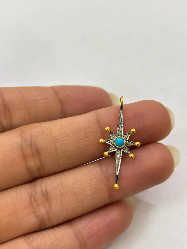 Pave Diamond Star With Turquoise Pendant 28x12mm 925 Sterling Silver Covered Sun Pendant Starburst Pendant Shooting Star Handmade Jewelry