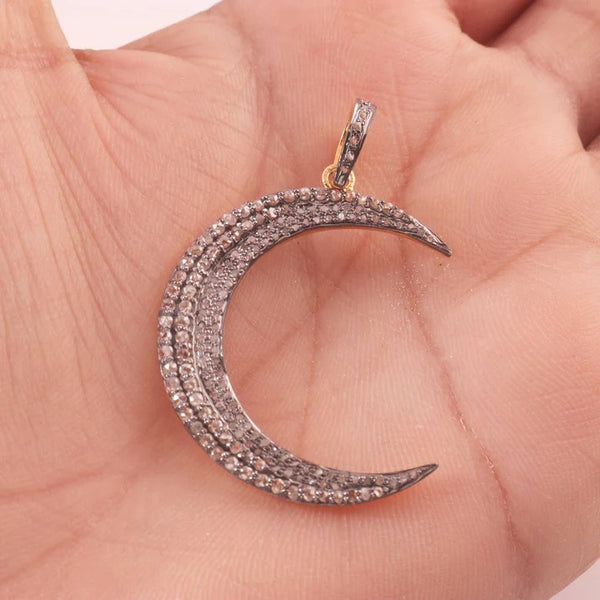 Sterling Silver Diamond Crescent Moon Pendant 38x7mm: Handmade Celestial Jewelry Charm
