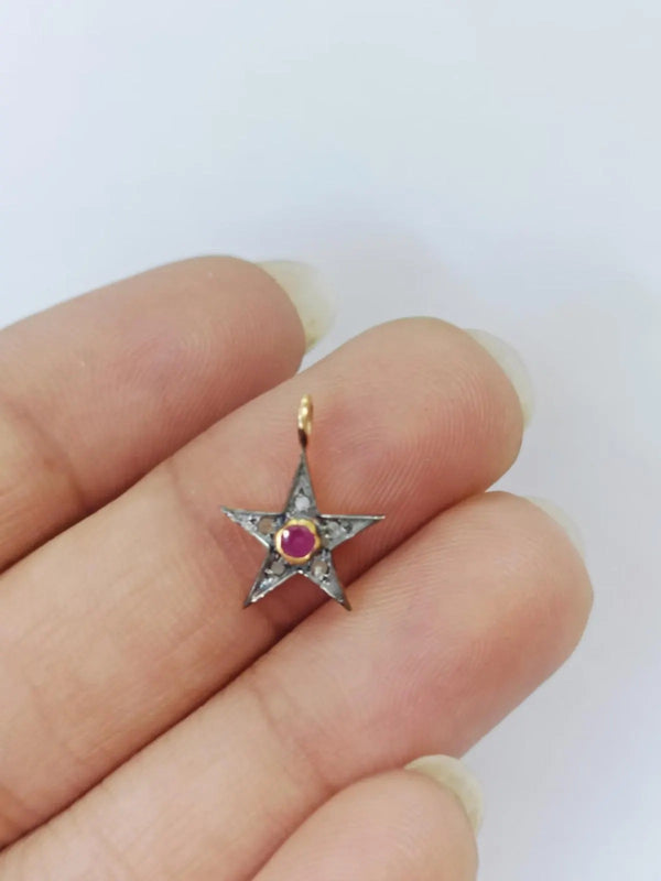 15x11mm Pave Diamond Ruby Star Charm | 925 Sterling Silver Pendant | Handmade Diamond Star Pendant | Ruby Star Jewelry | Gift for Her