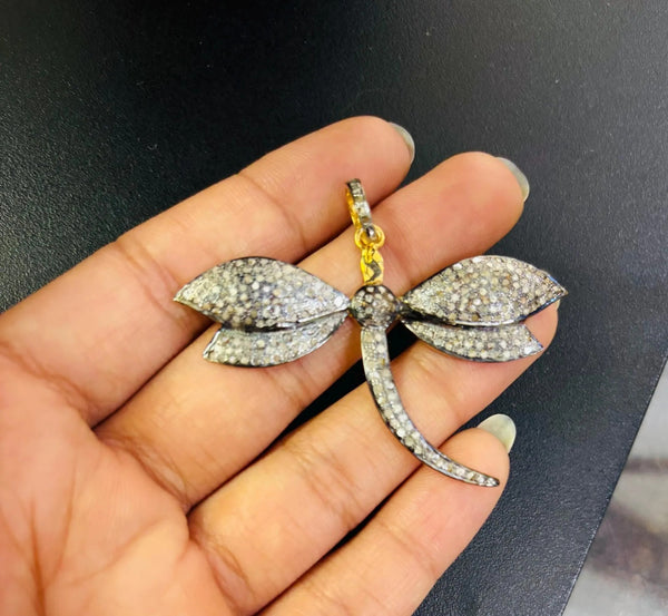 39x56mm Diamond Dragonfly Pendant | 925 Sterling Silver Jewelry | Pave Diamond Handmade Pendant | Antique Style Necklace | Gift for Her