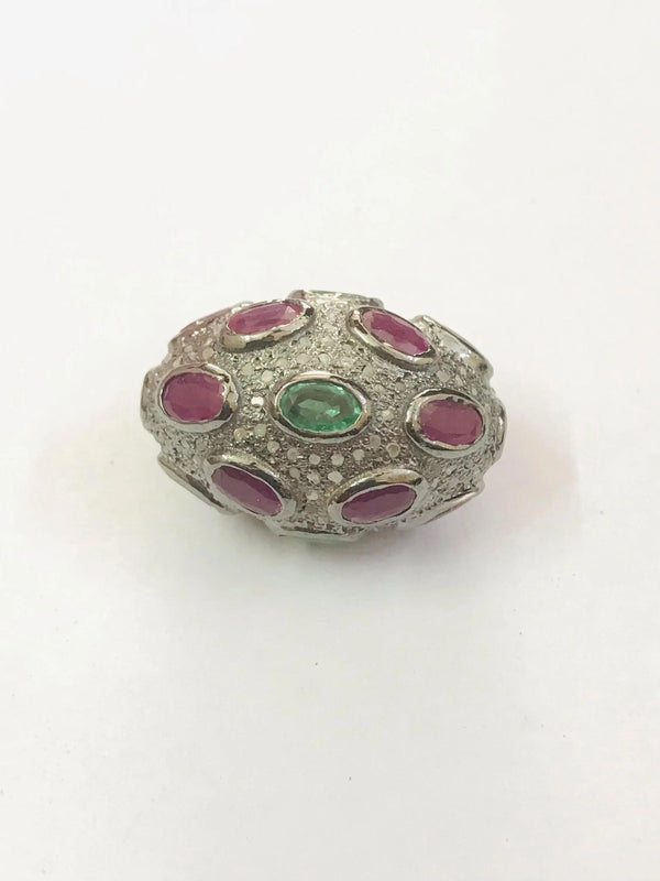 23x15mm Natural Emerald Ruby Oval Gemstone Beads with Pave Diamond Spacers, 925 Sterling Silver Jewelry Findings, Craft Supplies for Jewelry Making