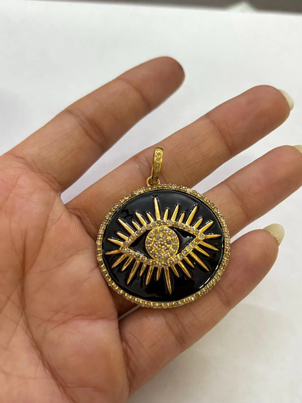 Pave Diamond Evil Eye Pendant Enamel Diamond Jewelry Round Evil Eye Necklace Handmade Fine Jewelry 36x35mm  Protection Charm Gifts