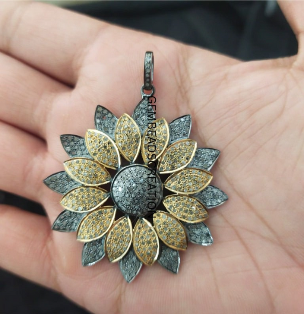 42x39mm Pave Diamond Flower Pendant: Two-Tone Sterling Silver Necklace