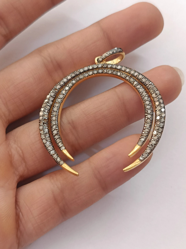 Pave Diamond Crescent Moon Pendant: 925 Sterling Silver Celestial Necklace (42x40mm)