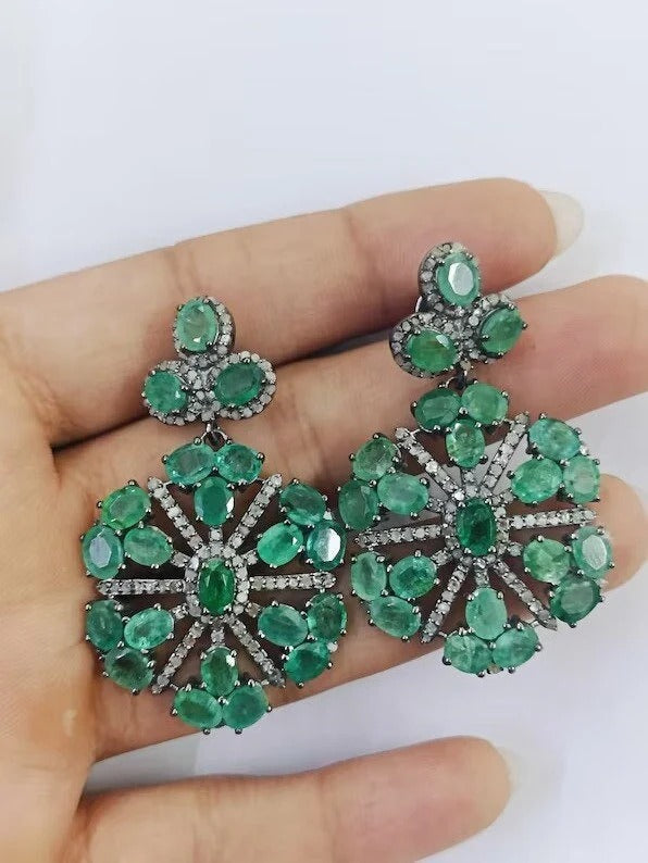 Pave Diamond Emerald Earring 925 Sterling Silver Dangle Earring Gift For Her Handmade Fine Jewelry Wedding Anniversary Gifts