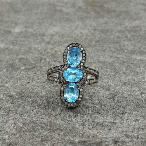 Natural Topaz Gemstone Ring Pave Diamond Ring 925 Sterling Silver Engagement Wedding Ring Gift For Her Birthstone Ring