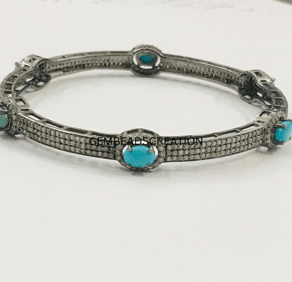 Pave Diamond Bangle Bracelet 925 Sterling Silver Turquoise Bracelet Fine Jewelry Wedding Gift For Her Gemstone Stacking Bangle