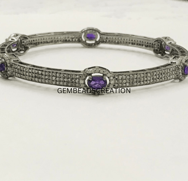 Pave Diamond Bangle Bracelet 925 Sterling Silver Amethyst Bracelet Gemstone Bangle Wedding Anniversary Gifts