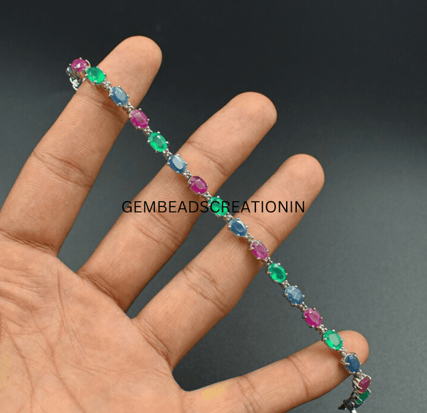 Multi Gemstone Bracelet 925 Sterling Silver Three Gemstone Bracelet Ruby, Sapphire, Emerald Bracelet Jewelry Gift For Her Tennis Bracelet