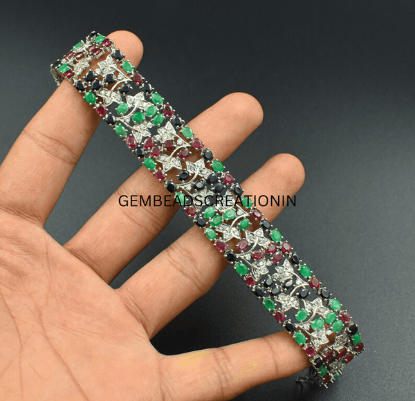 Multi Gemstone Bracelet 925 Sterling Silver Wedding Bracelet Ruby, Sapphire, Emerald Bracelet Jewelry