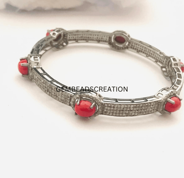 pave diamond coral gemstone bangle bracelet 925 sterling silver handmade finish stacking bracelet wrist jewelry gift for her