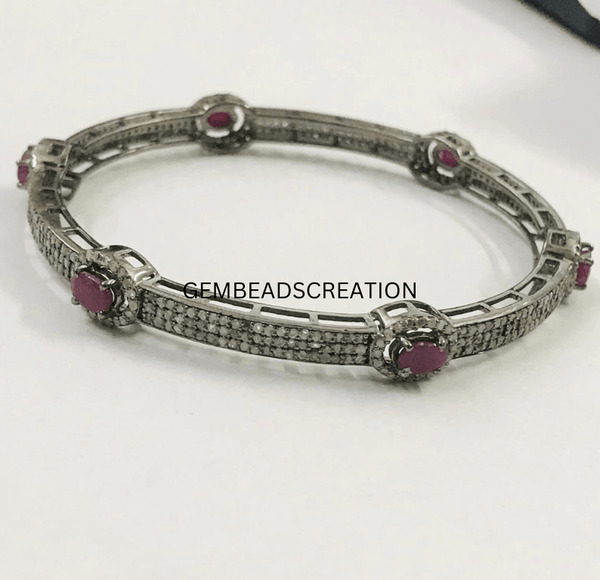 Pave Diamond Bangle Bracelet 925 Sterling Silver Ruby Bracelet Gemstone Bangle Gift For Her