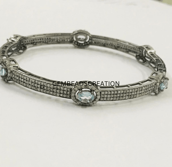 Pave Diamond Bangle Bracelet 925 Sterling Silver Blue Topaz Gemstone Bracelet Bangle Anniversary Gifts