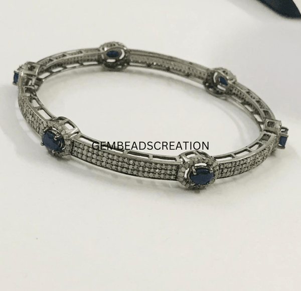 Pave Diamond Bangle Bracelet 925 Sterling Silver Blue Sapphire Gemstone Bracelet Handmade Jewelry Gift For Her