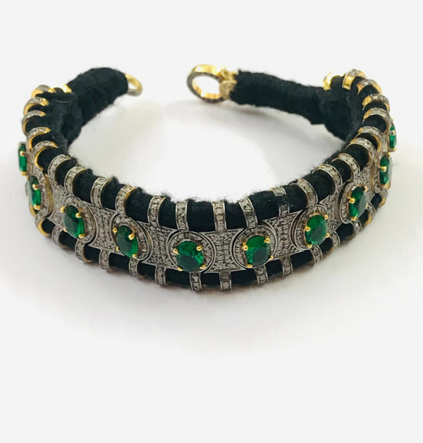 RoseCut Pave Diamond Emerald Hydro Thread Bangle Bracelet Jewelry in 925 Sterling Silver