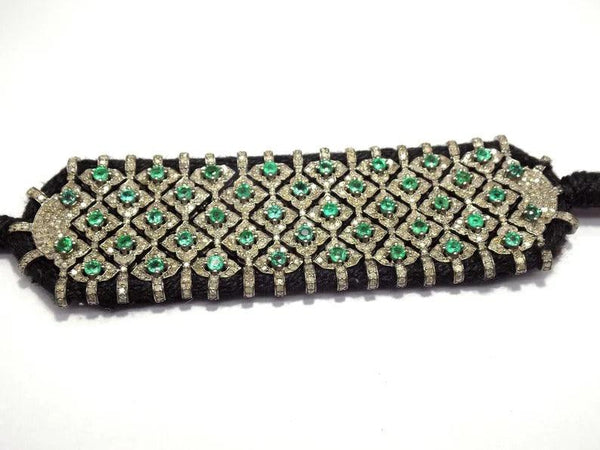 RoseCut Pave Diamond Emerald Thread Macrame Bangle Bracelet Jewelry in 925 Sterling Silver
